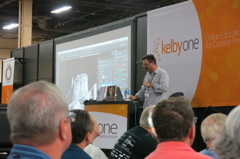 Scott Valentine presents at the Peachpit booth on the Expo floor.